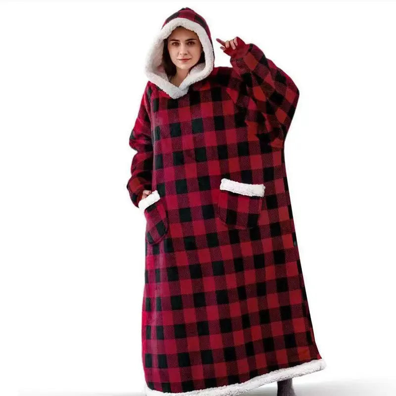 Poncho Plaid Long Molletonné